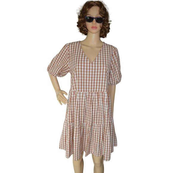 Primark Beige Gingham Puff Sleeve Tiered Dress Womens Size 6 Cotton Linen Boho - Picture 1 of 8